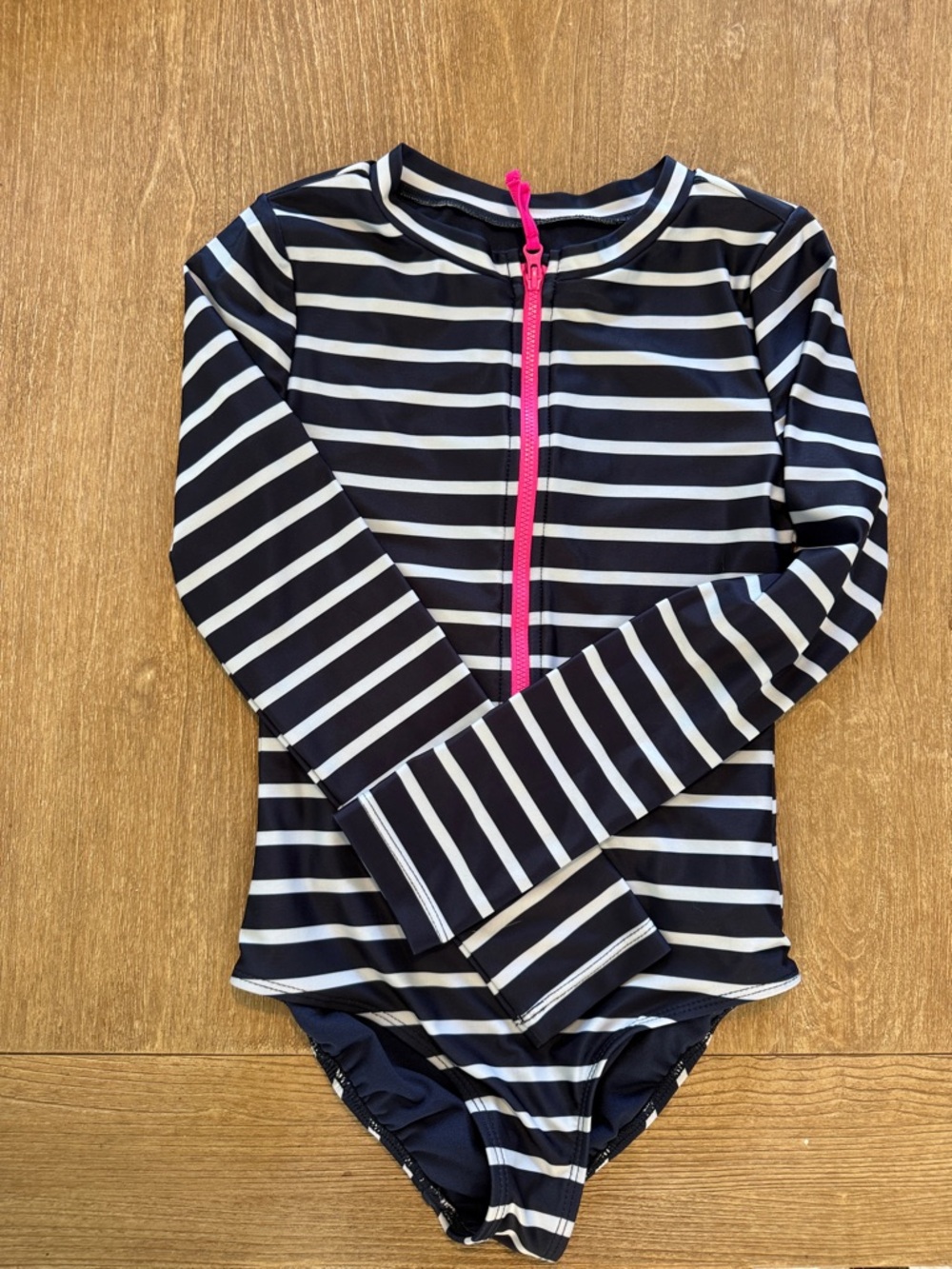 GapKids Long-Sleeve Navy & White Stripe Zip Front Rash Guard Swimsuit - Pink Zip